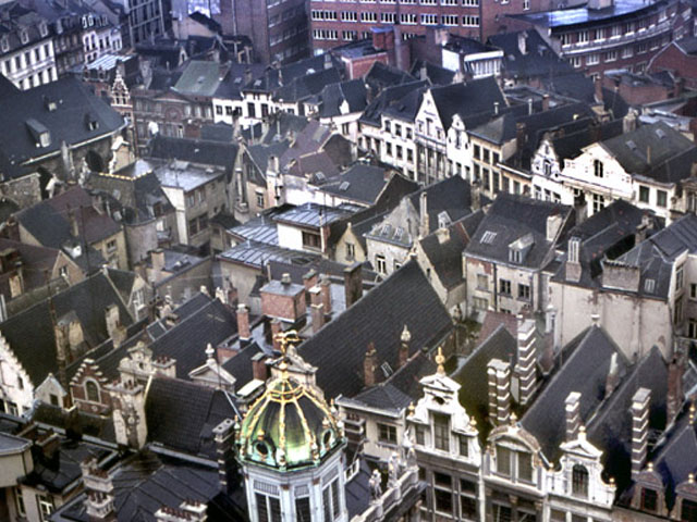Vue plongeante sur la Grand-Place de Bruxelles, bordée par les maisons des corporations, l'Hôtel de Ville et la Maison du Roi (en néerlandais Broodhuis), Belgique